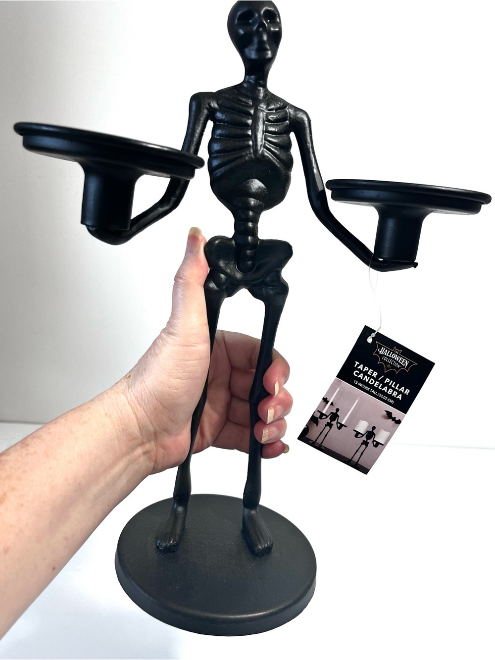 NWT Aldi Black Cast Metal Skeleton Taper Pillar Candleholder Candelabra 13” 3lbs